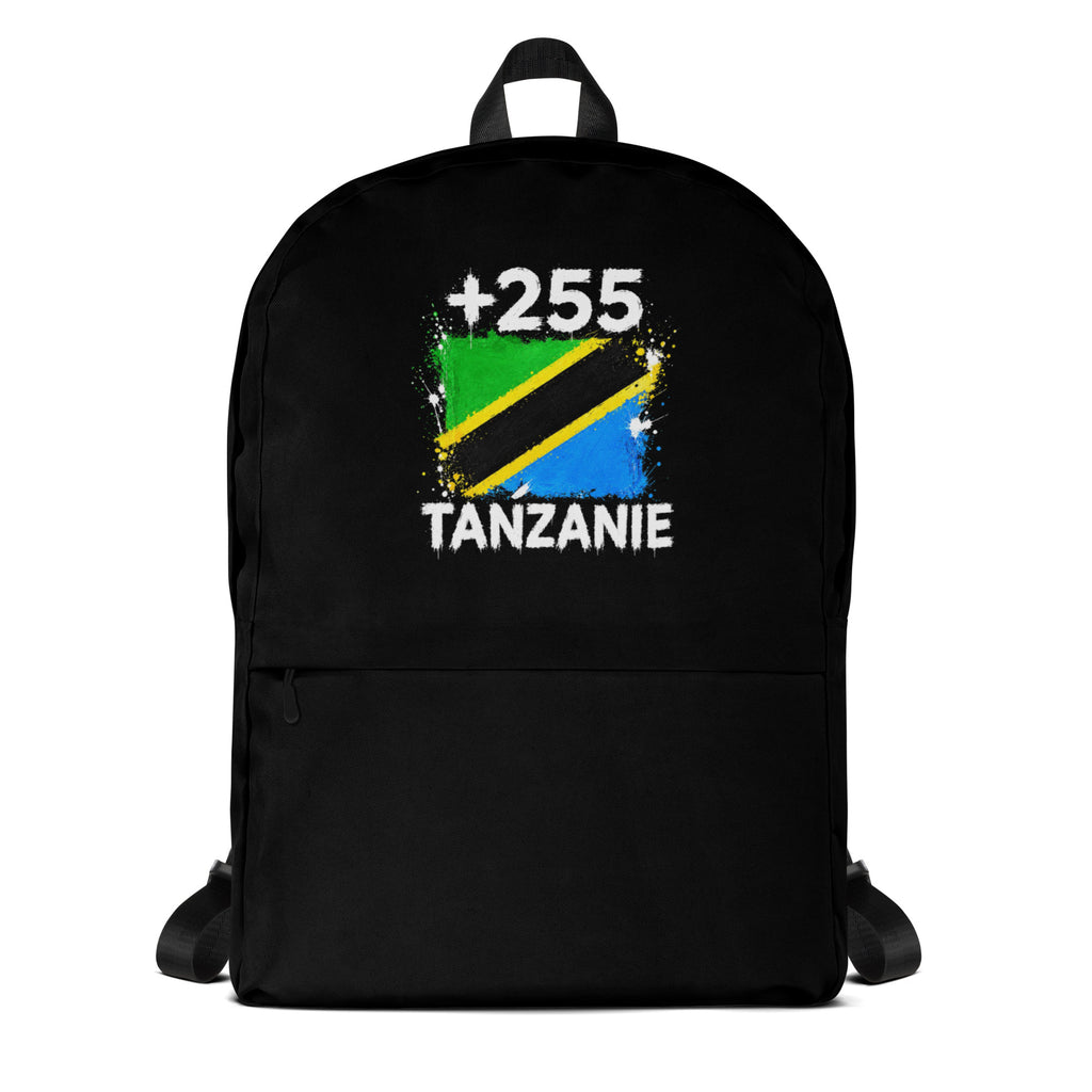 Sac à Dos Tanzanie +255 noir vue de face, design drapeau tanzanien