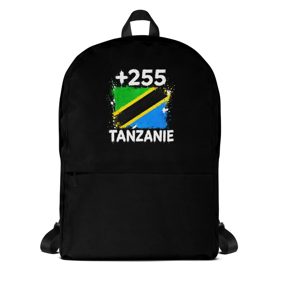 Sac à Dos Tanzanie +255 noir vue de face, design drapeau tanzanien