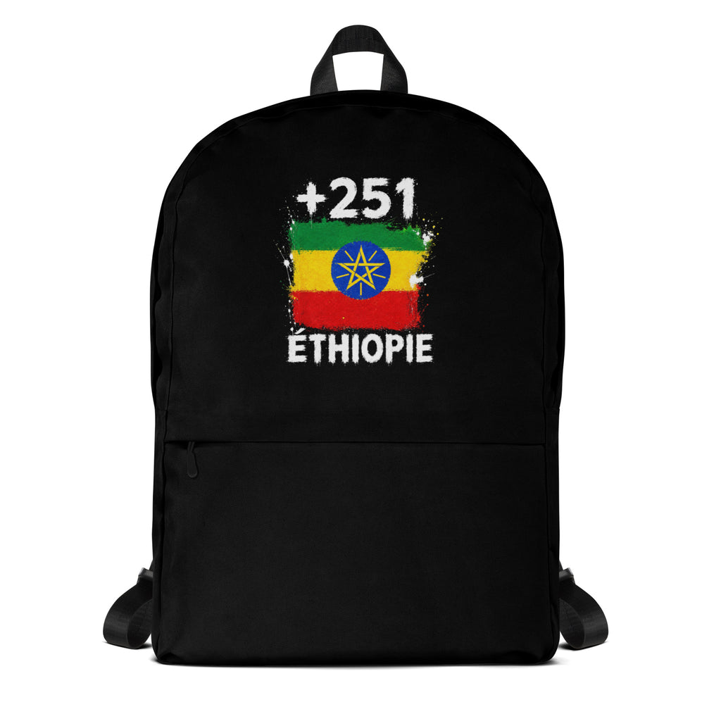 Sac à Dos Éthiopie +251 noir vue de face, design drapeau éthiopien