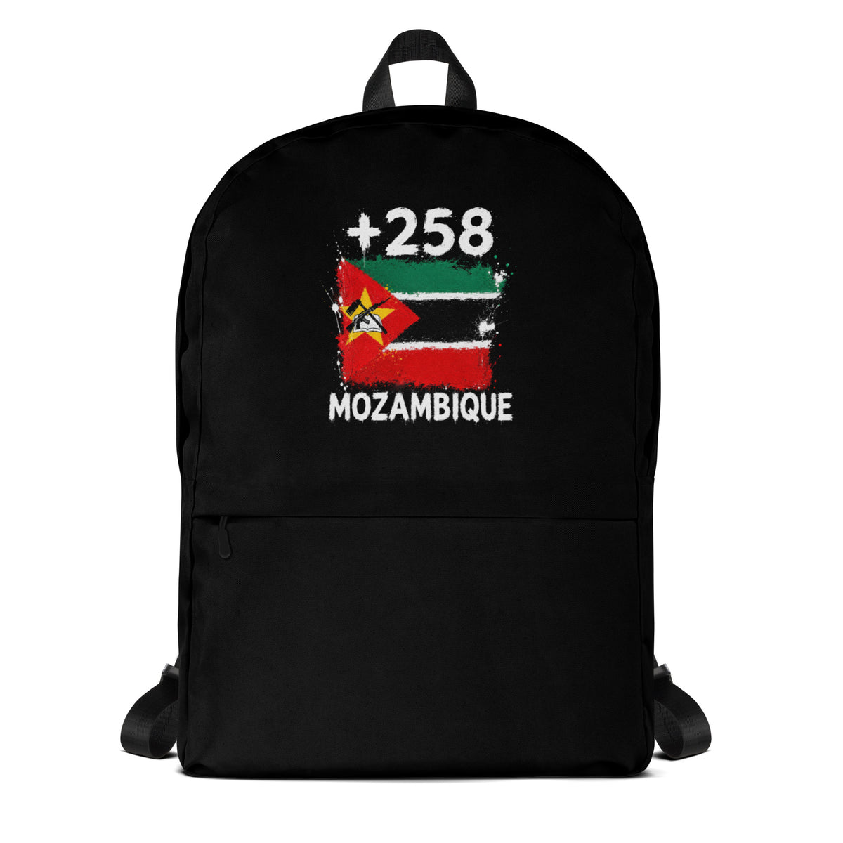 Sac à Dos Mozambique +258 noir vue de face, design drapeau mozambicain
