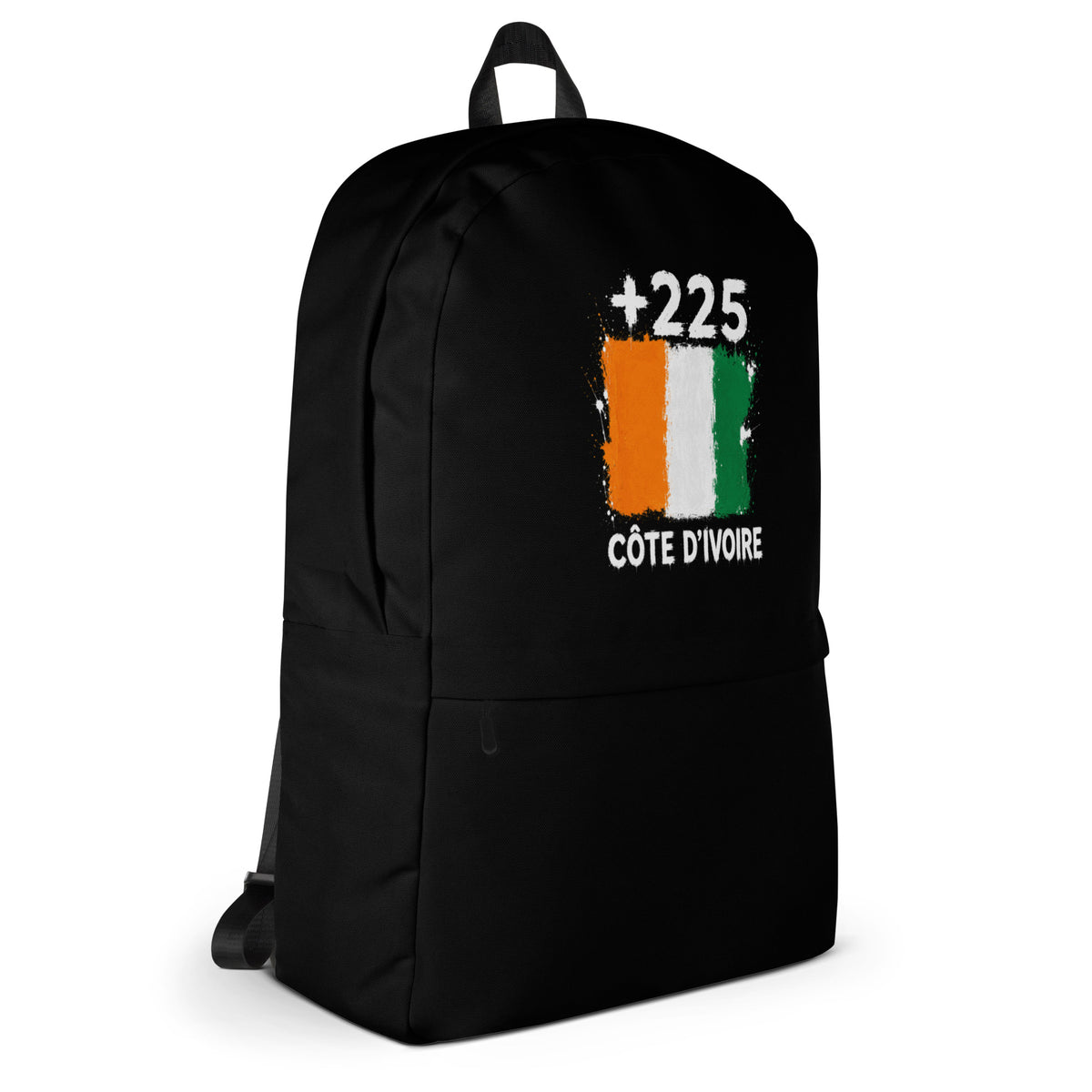 Sac à Dos Côte d'Ivoire +225 - Noir avec drapeau floqué effet éclaboussure de peinture - vue de profil droit - Indicatif Fier