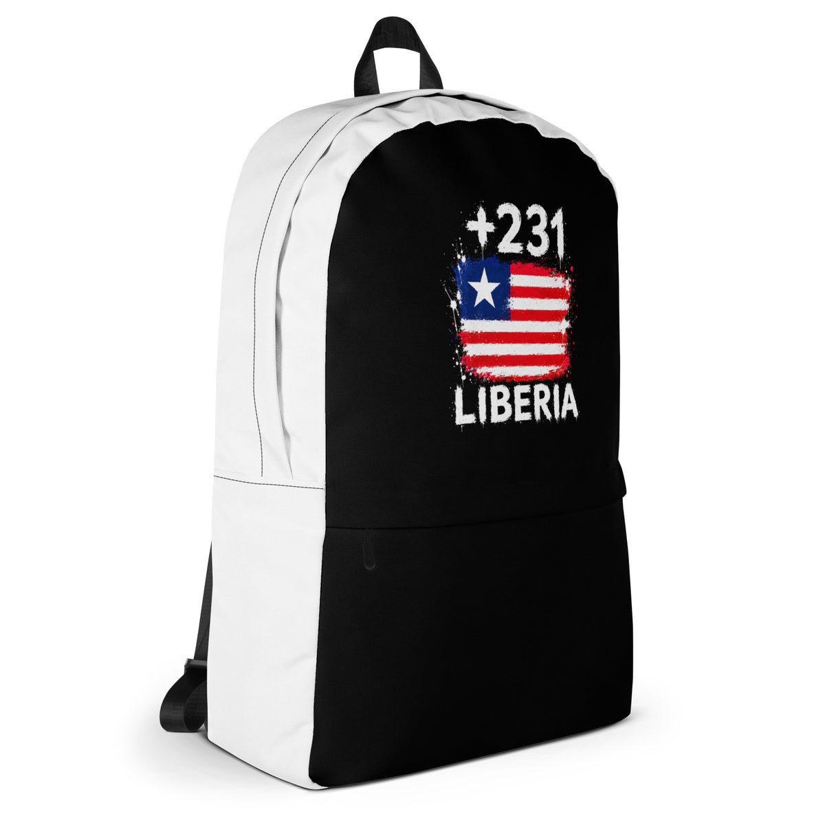 Sac à Dos Liberia +231 - Bicolore avec drapeau floqué effet éclaboussure de peinture - vue de profil droit - Indicatif Fier