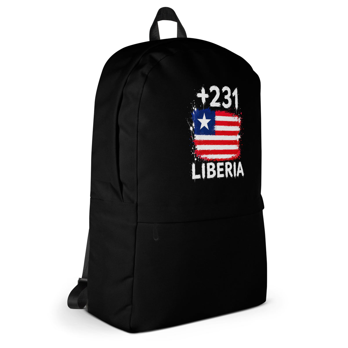 Sac à Dos Liberia +231 - Noir avec drapeau floqué effet éclaboussure de peinture - vue de profil droit - Indicatif Fier