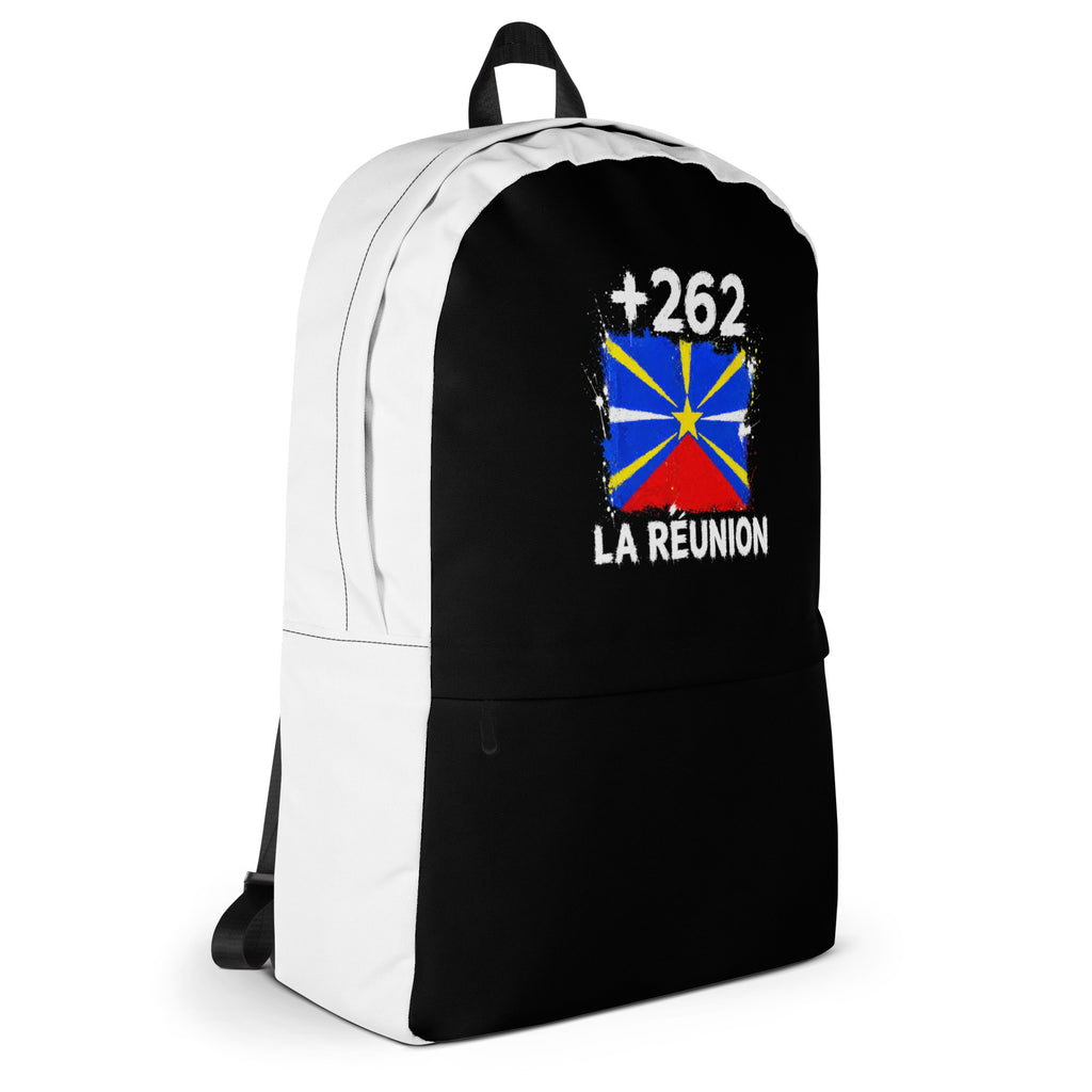 Sac à Dos La Réunion +262 - Bicolore avec drapeau floqué effet éclaboussure de peinture - vue de profil droit - Indicatif Fier