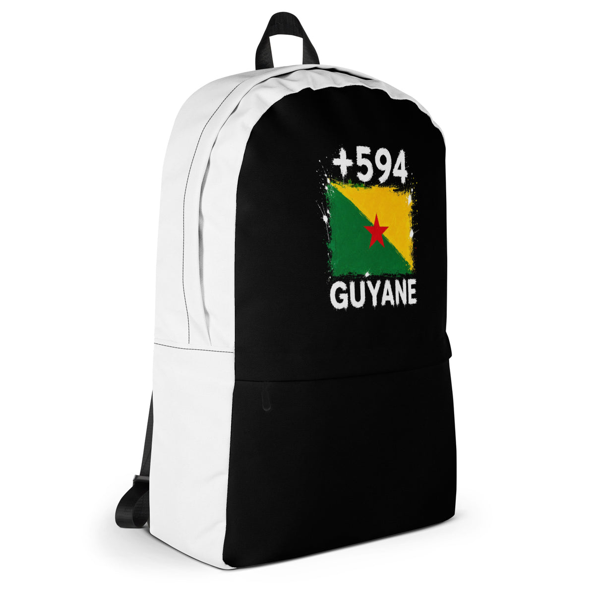 Sac à Dos Guyane +594 - Bicolore avec drapeau floqué effet éclaboussure de peinture - vue de profil droit - Indicatif Fier