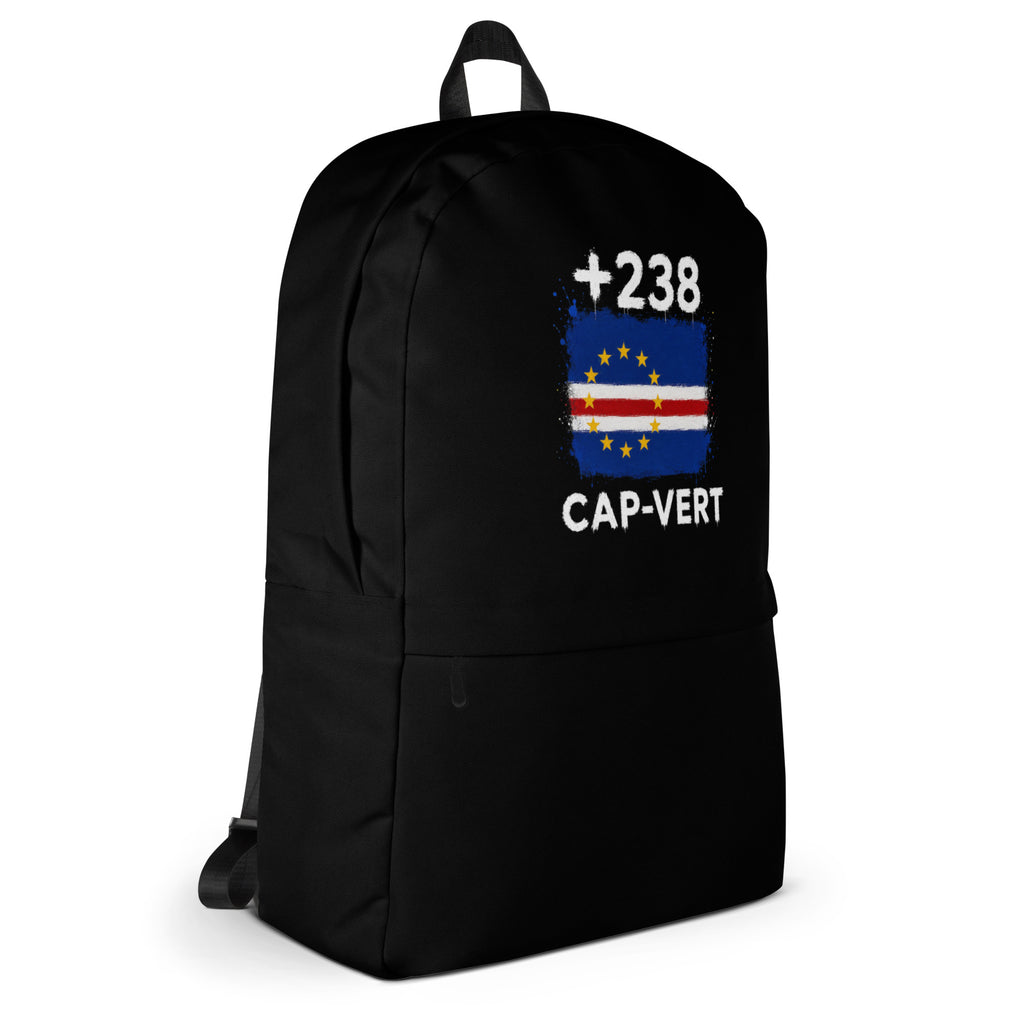 Sac à Dos Cap-Vert +238 - Noir avec drapeau floqué effet éclaboussure de peinture - vue de profil droit - Indicatif Fier