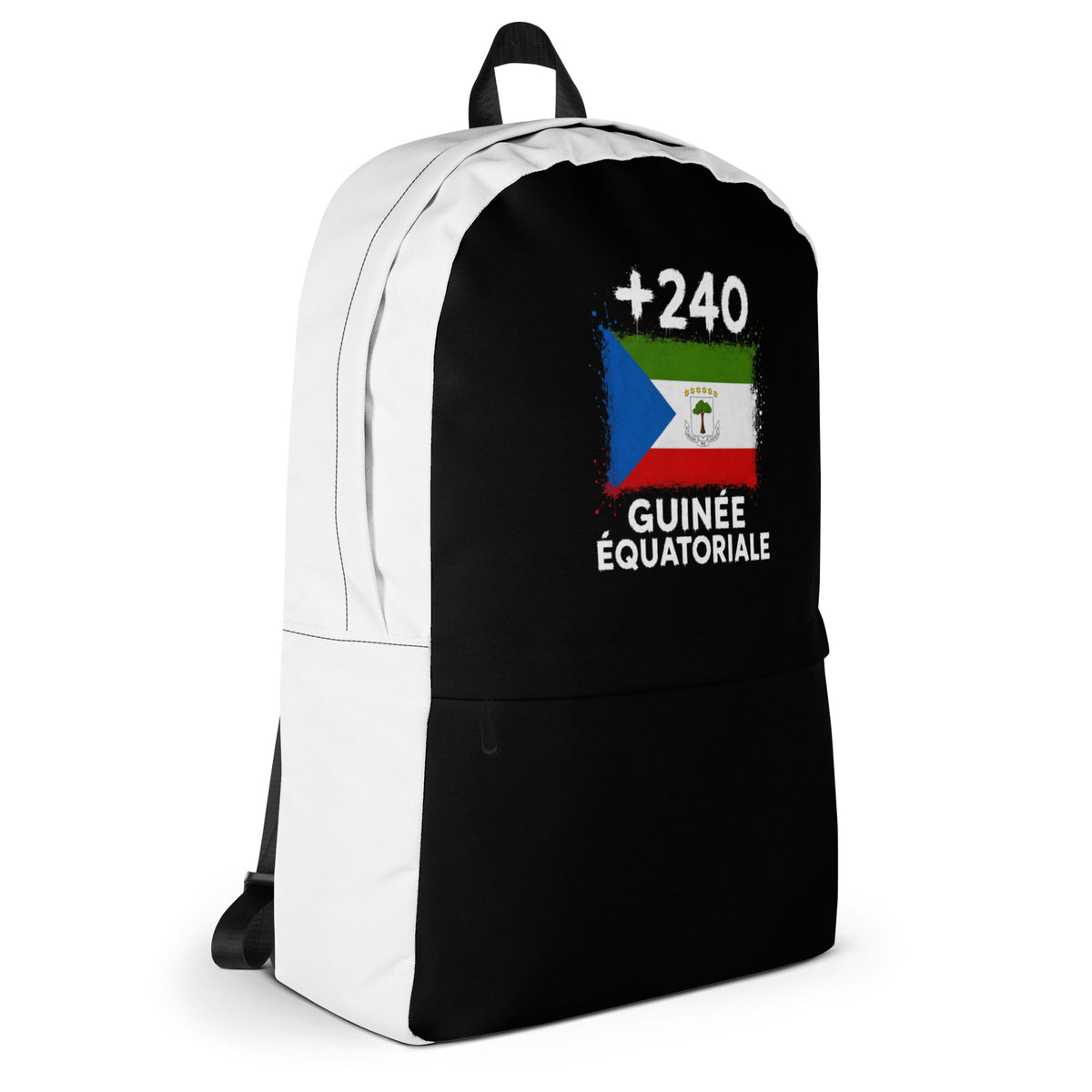 Sac à Dos Guinée Équatoriale +240 - Bicolore avec drapeau floqué effet éclaboussure de peinture - vue de profil droit - Indicatif Fier