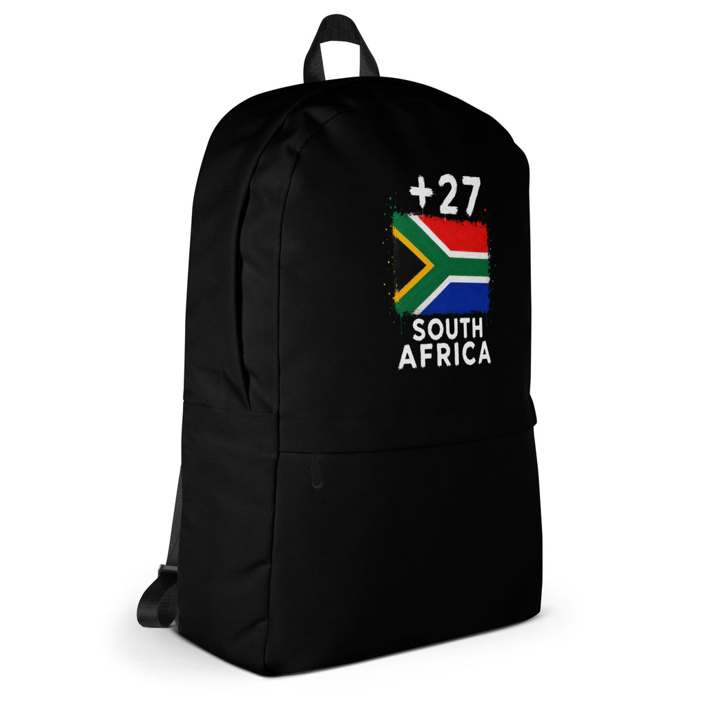 Sac à Dos Afrique du Sud +27 - Noir avec drapeau floqué effet éclaboussure de peinture - vue de profil droit - Indicatif Fier