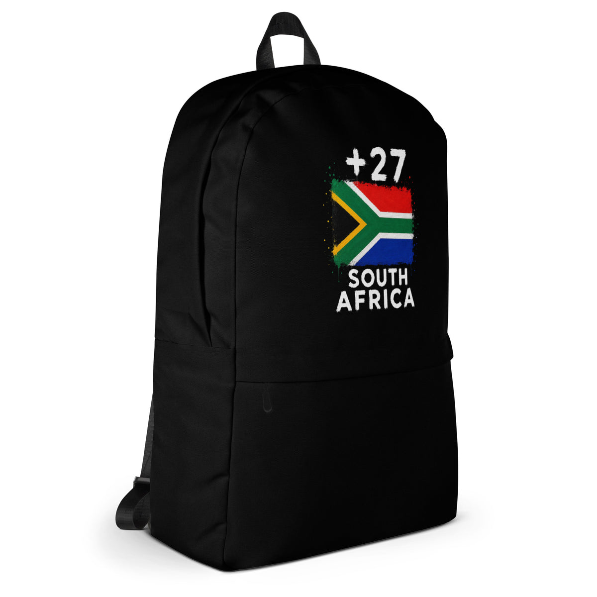 Sac à Dos Afrique du Sud +27 - Noir avec drapeau floqué effet éclaboussure de peinture - vue de profil droit - Indicatif Fier