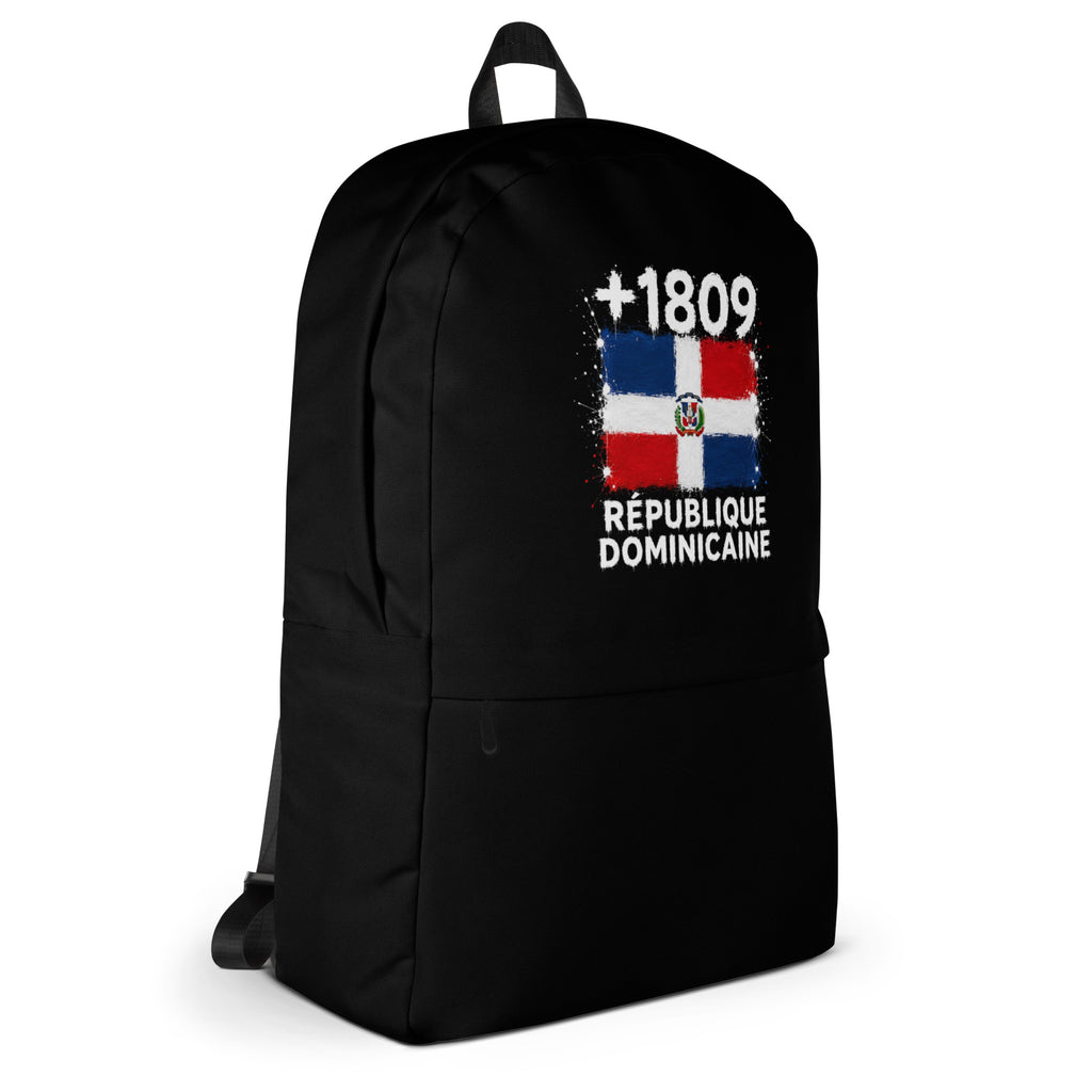 Sac à Dos République Dominicaine +1809 - Noir avec drapeau floqué effet éclaboussure de peinture - vue de profil droit - Indicatif Fier