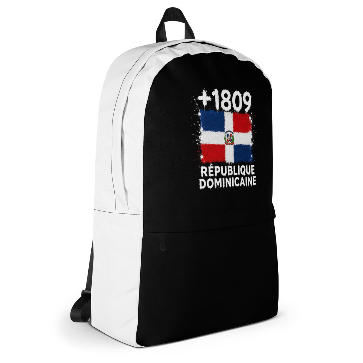 Sac à Dos République Dominicaine +1809 - Bicolore avec drapeau floqué effet éclaboussure de peinture - vue de profil droit - Indicatif Fier