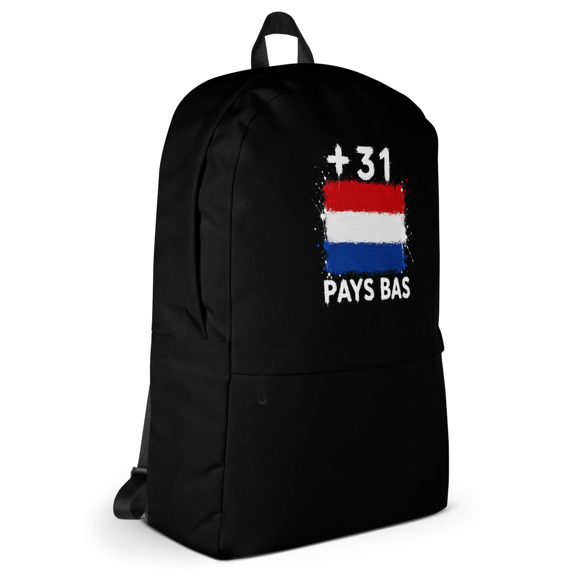 Sac à Dos Pays-Bas +31 - Noir avec drapeau floqué effet éclaboussure de peinture - vue de profil droit - Indicatif Fier