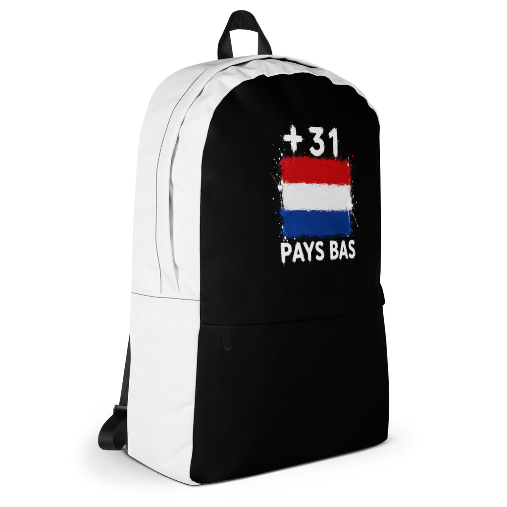 Sac à Dos Pays-Bas +31 - Bicolore avec drapeau floqué effet éclaboussure de peinture - vue de profil droit - Indicatif Fier