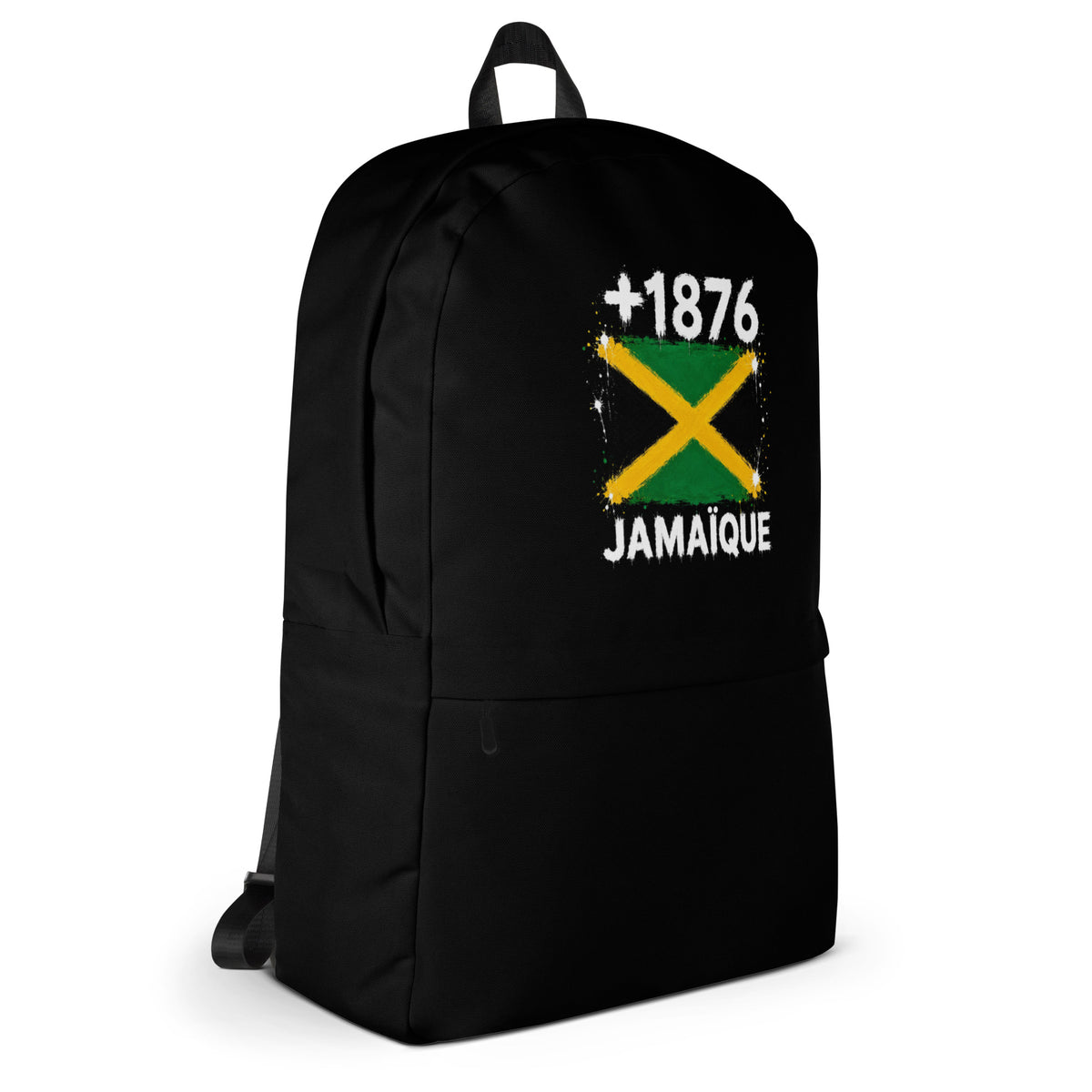 Sac à Dos Jamaïque +1876 - Noir avec drapeau floqué effet éclaboussure de peinture - vue de profil droit - Indicatif Fier