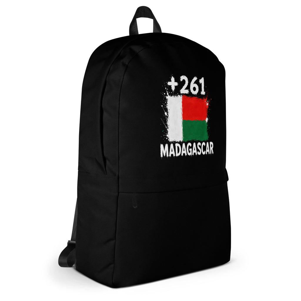 Sac à Dos Madagascar +261 - Noir avec drapeau floqué effet éclaboussure de peinture - vue de profil droit - Indicatif Fier