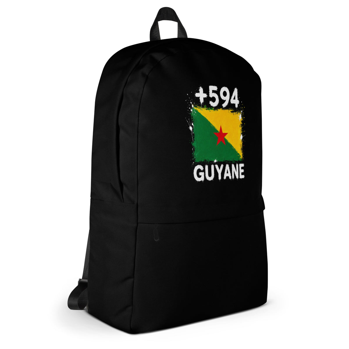 Sac à Dos Guyane +594 - Noir avec drapeau floqué effet éclaboussure de peinture - vue de profil droit - Indicatif Fier
