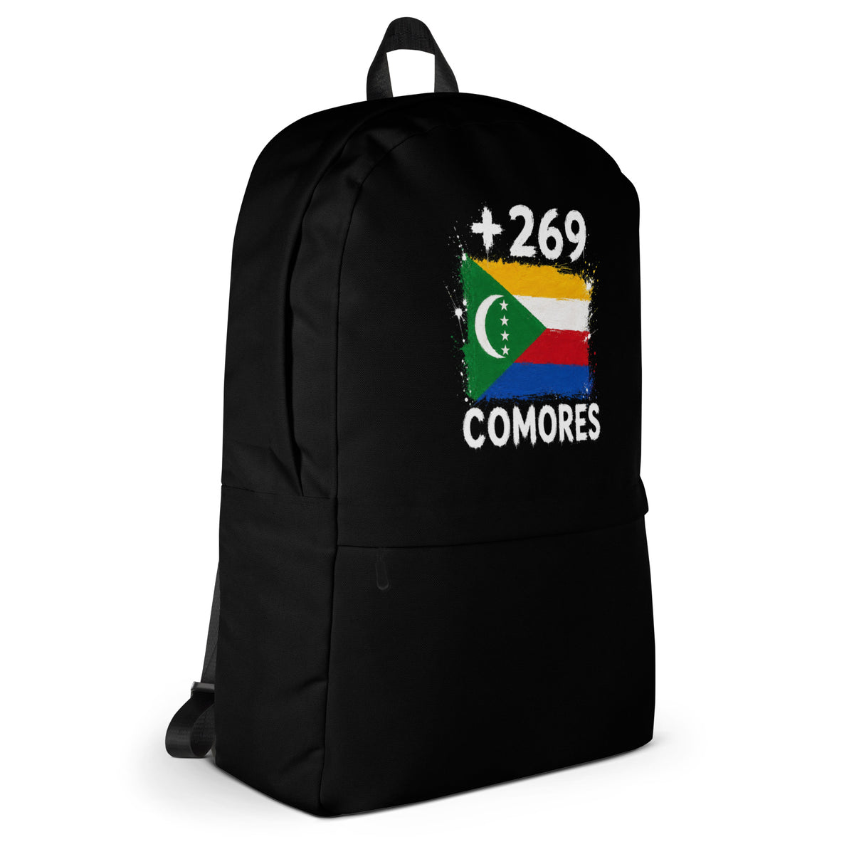 Sac à Dos Comores +269 - Noir avec drapeau floqué effet éclaboussure de peinture - vue de profil droit - Indicatif Fier
