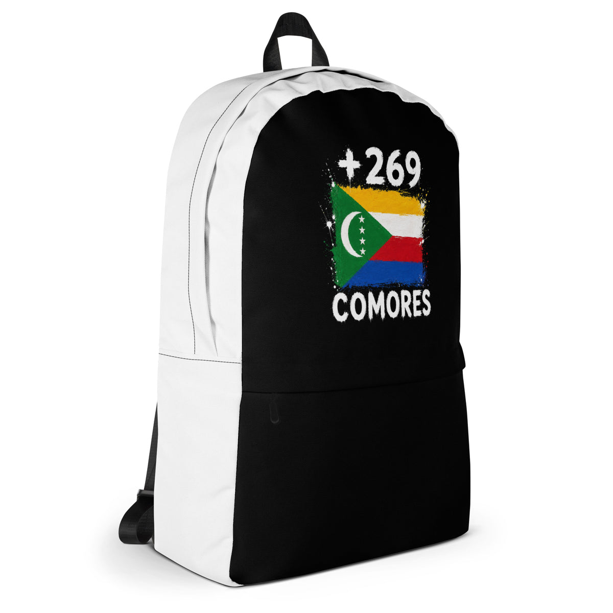 Sac à Dos Comores +269 - Bicolore avec drapeau floqué effet éclaboussure de peinture - vue de profil droit - Indicatif Fier