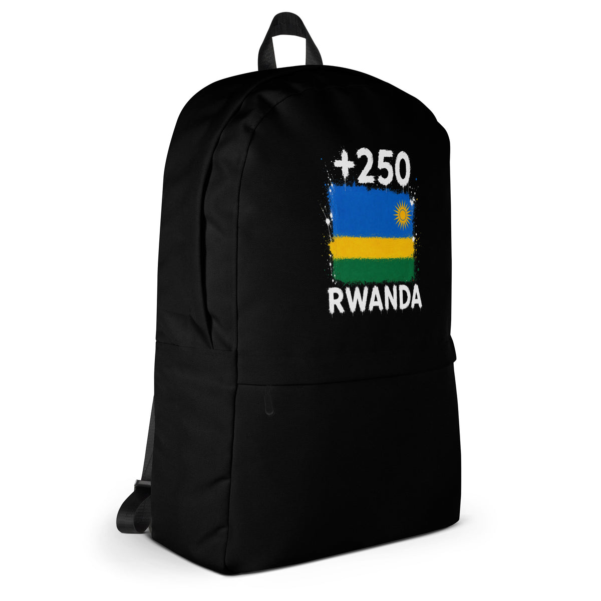 Sac à Dos Rwanda +250 - Noir avec drapeau floqué effet éclaboussure de peinture - vue de profil droit - Indicatif Fier