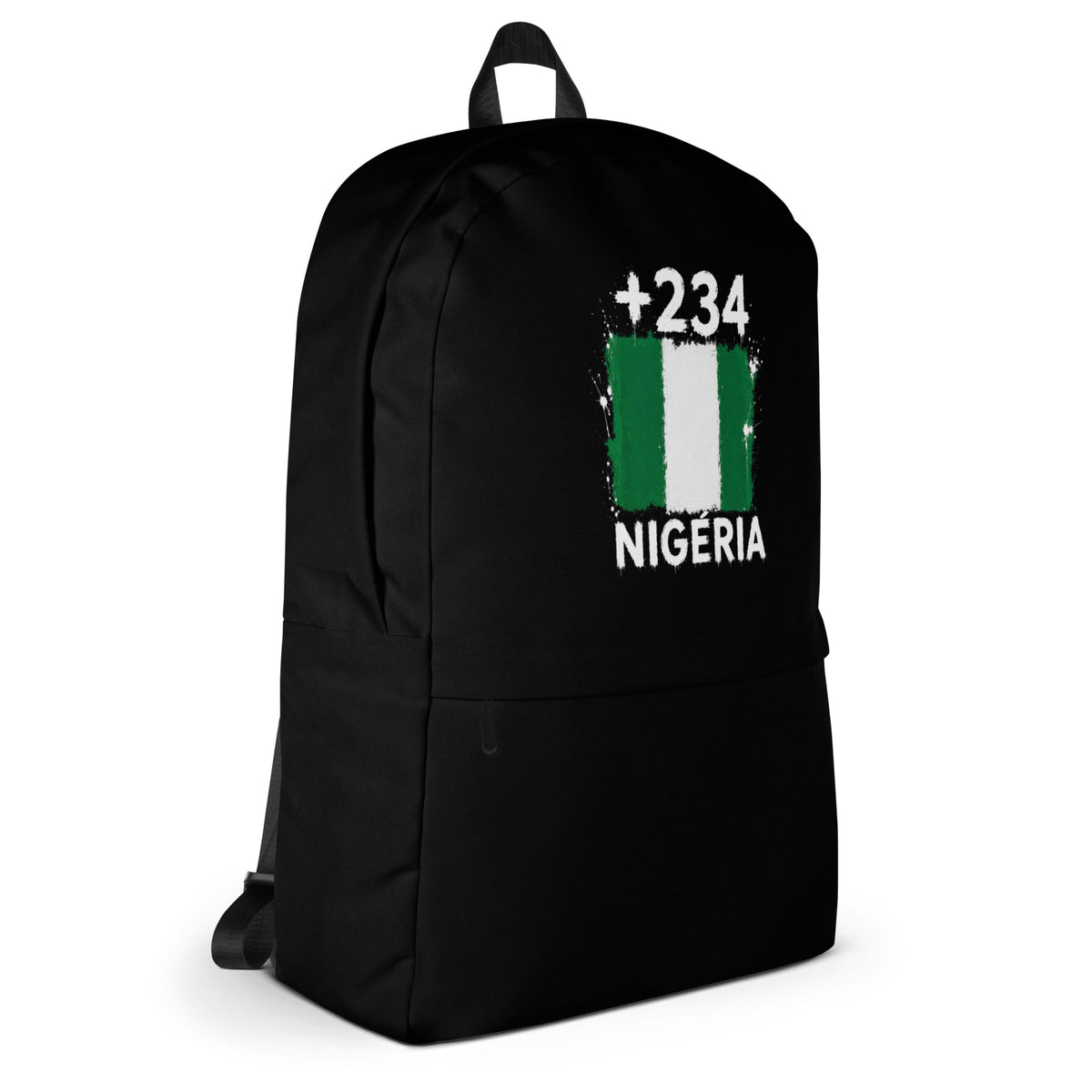 Sac à Dos Nigeria +234 - Noir avec drapeau floqué effet éclaboussure de peinture - vue de profil droit - Indicatif Fier