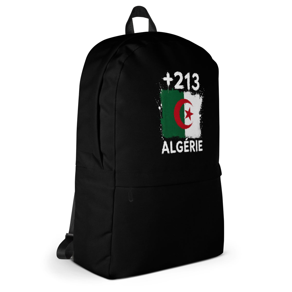 Sac à Dos Algérie +213 - Noir avec drapeau floqué effet éclaboussure de peinture - vue de profil droit - Indicatif Fier