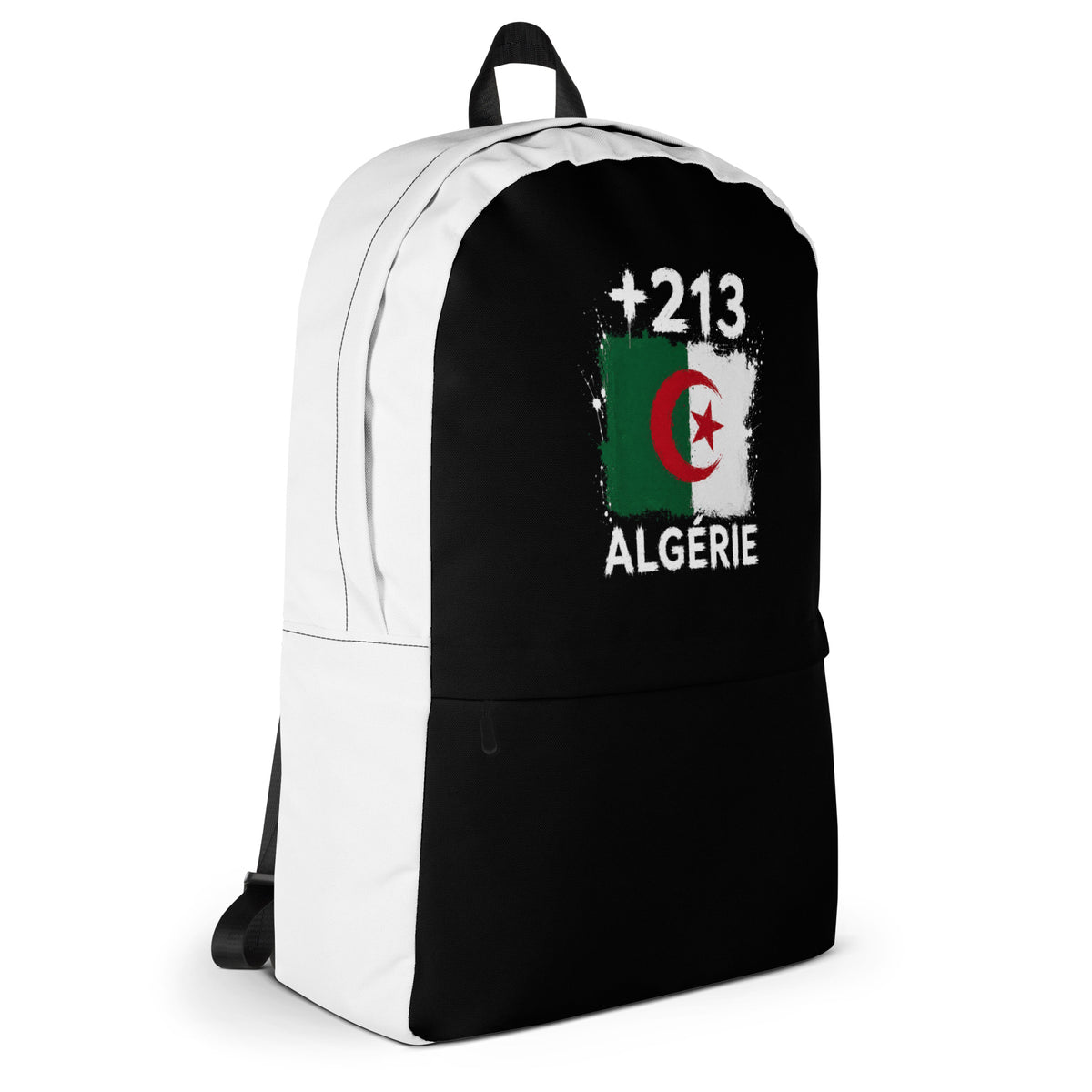 Sac à Dos Algérie +213 - Bicolore avec drapeau floqué effet éclaboussure de peinture - vue de profil droit - Indicatif Fier