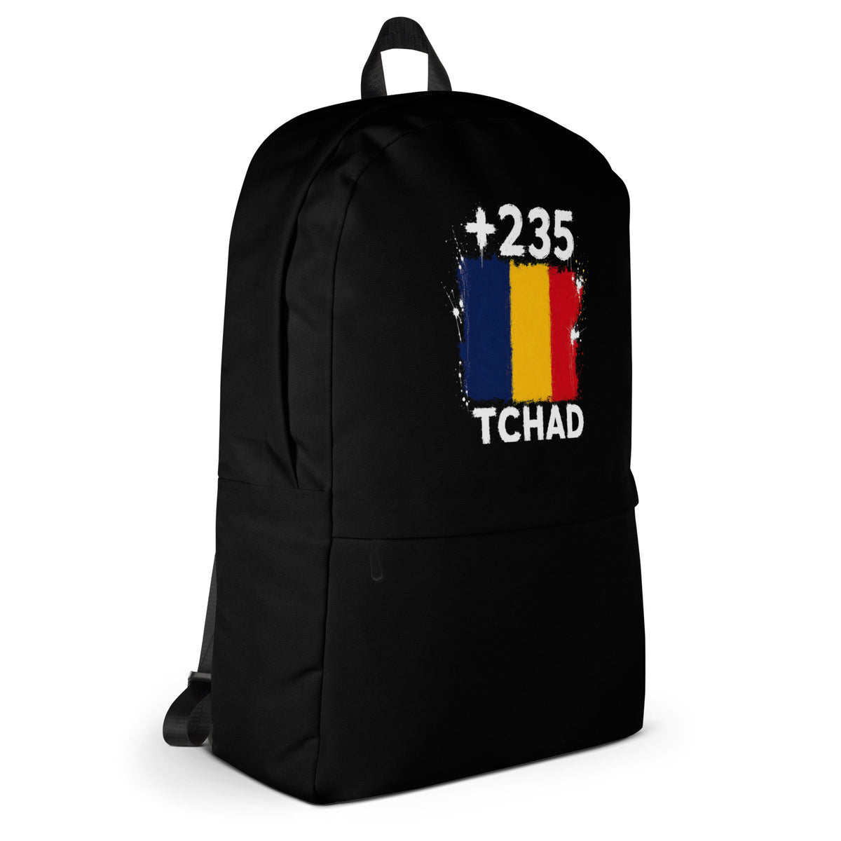 Sac à Dos Tchad +235 - Noir avec drapeau floqué effet éclaboussure de peinture - vue de profil droit - Indicatif Fier