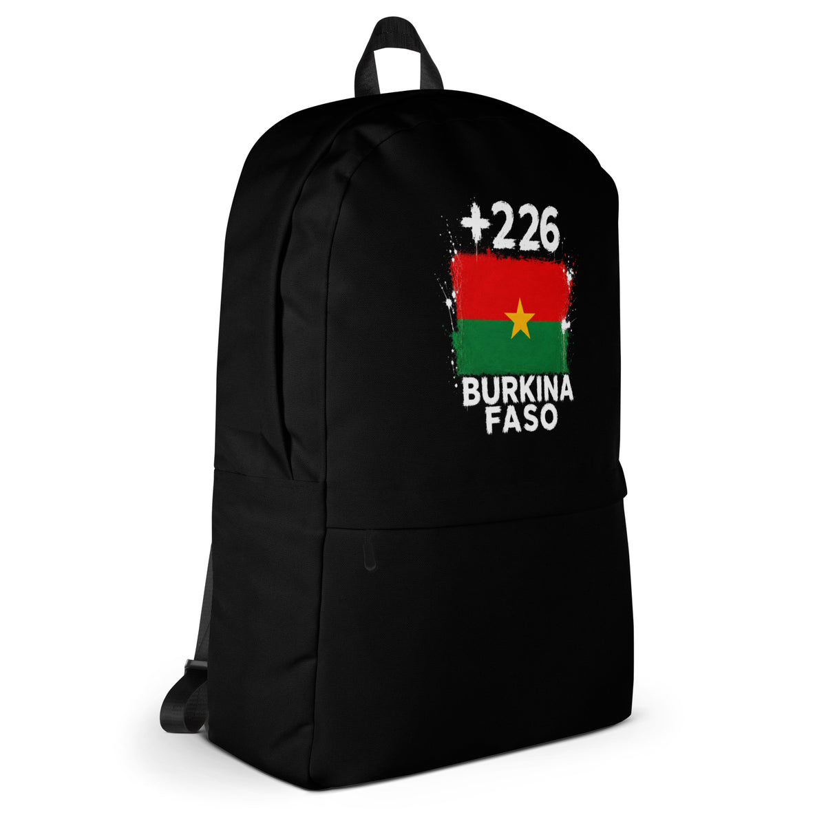 Sac à Dos Burkina Faso +226 - Noir avec drapeau floqué effet éclaboussure de peinture - vue de profil droit - Indicatif Fier