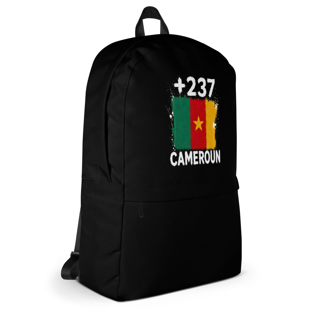 Sac à Dos Cameroun +237 - Noir avec drapeau floqué effet éclaboussure de peinture - vue de profil droit - Indicatif Fier
