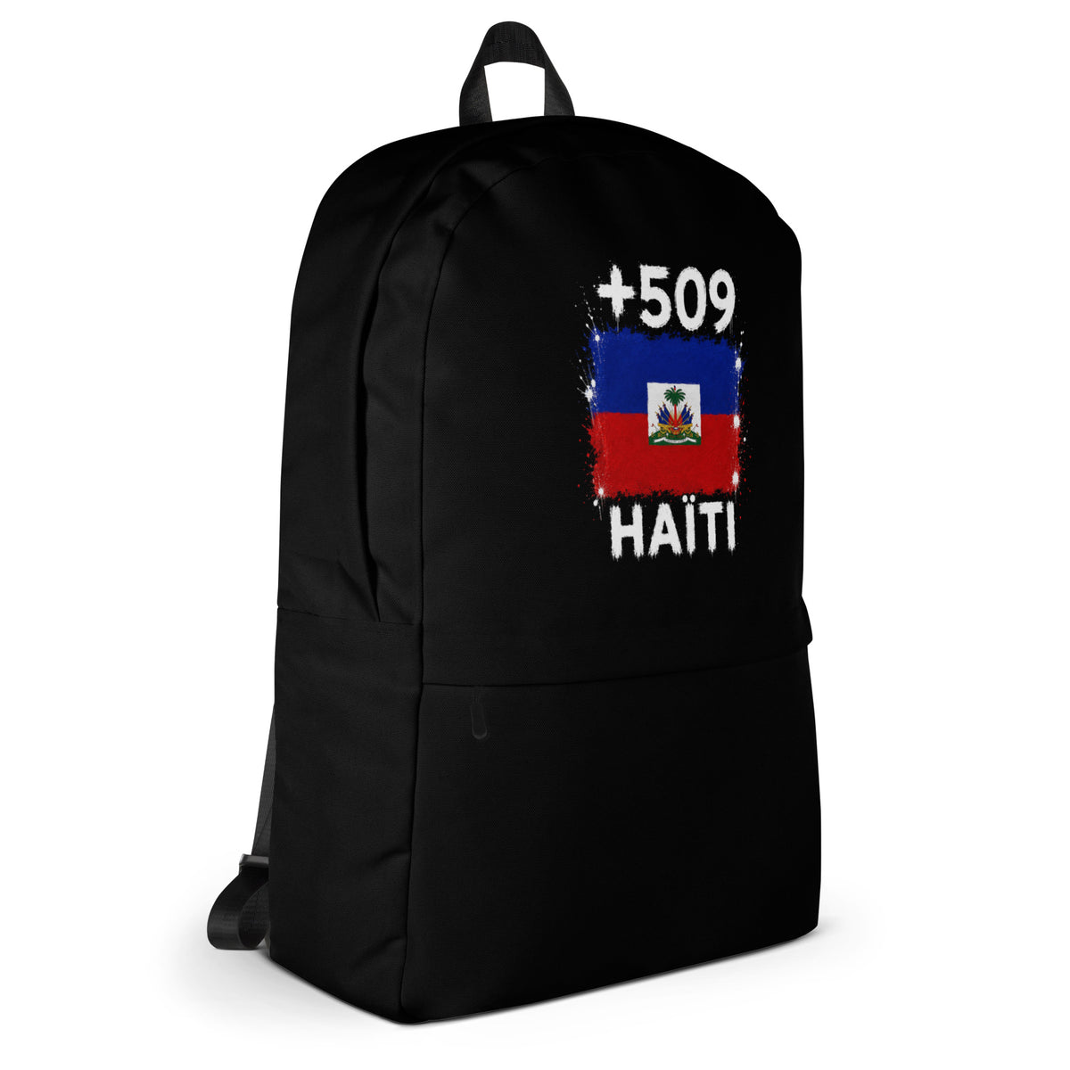 Sac à Dos Haïti +509 - Noir avec drapeau floqué effet éclaboussure de peinture - vue de profil droit - Indicatif Fier