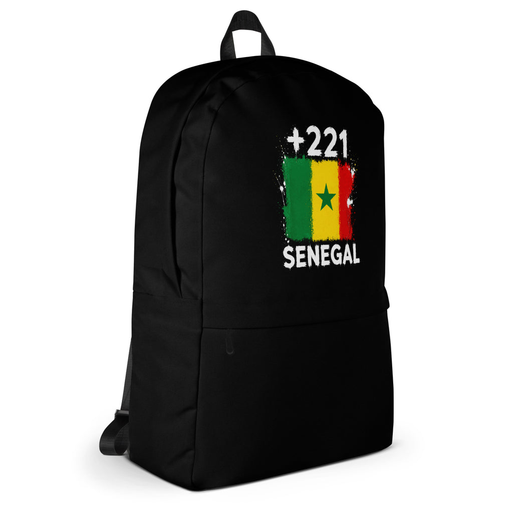 Sac à Dos Sénégal +221 - Noir avec drapeau floqué effet éclaboussure de peinture - vue de profil droit - Indicatif Fier