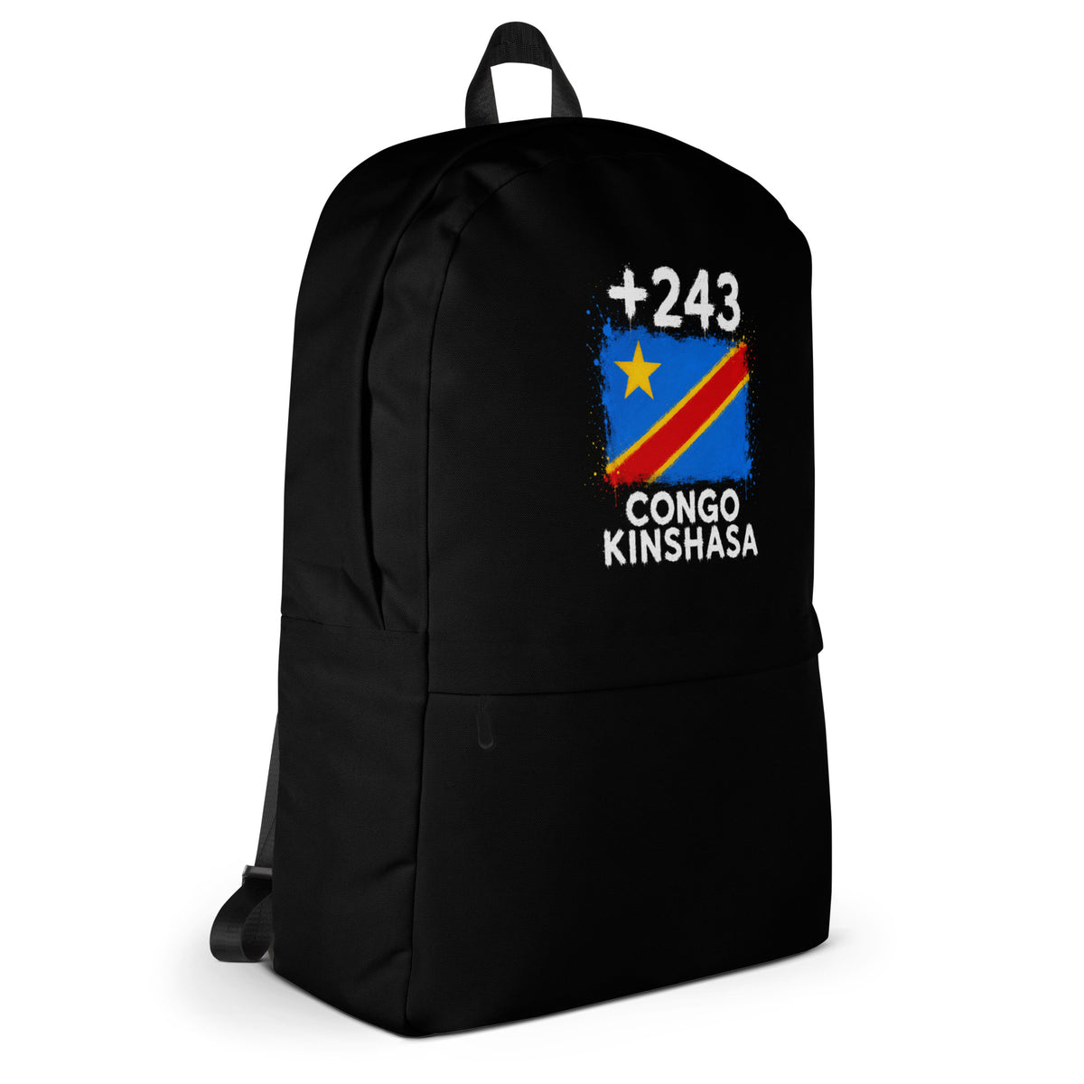Sac à Dos RDC +243 - Noir avec drapeau floqué effet éclaboussure de peinture - vue de profil droit - Indicatif Fier