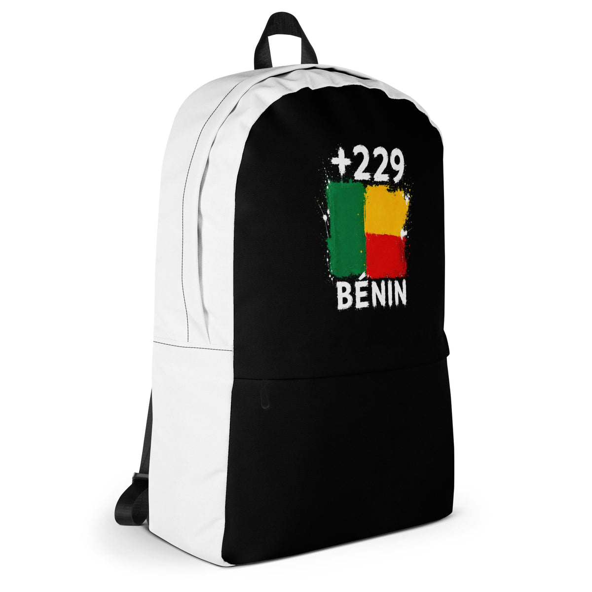 Sac à Dos Bénin +229 - Bicolore avec drapeau floqué effet éclaboussure de peinture - vue de profil droit - Indicatif Fier