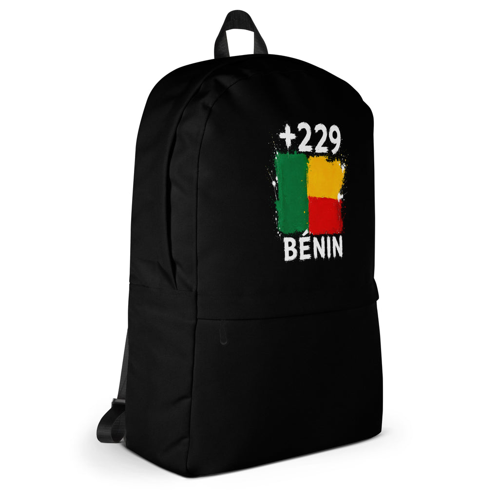 Sac à Dos Bénin +229 - Noir avec drapeau floqué effet éclaboussure de peinture - vue de profil droit - Indicatif Fier