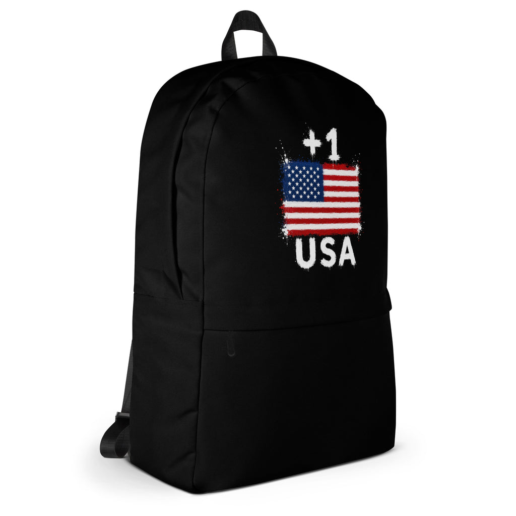Sac à Dos USA +1 - Noir avec drapeau floqué effet éclaboussure de peinture - vue de profil droit - Indicatif Fier