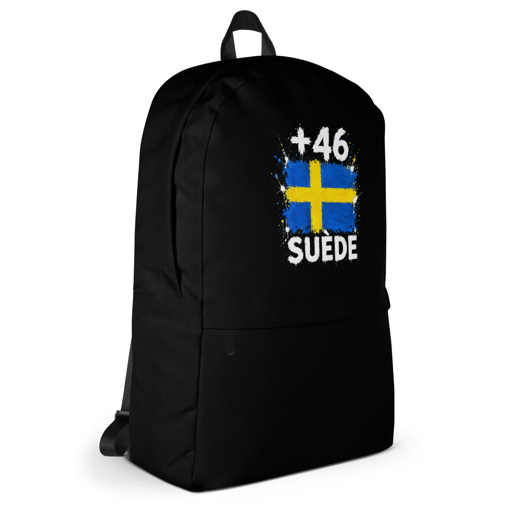 Sac à Dos Suède +46 - Noir avec drapeau floqué effet éclaboussure de peinture - vue de profil droit - Indicatif Fier