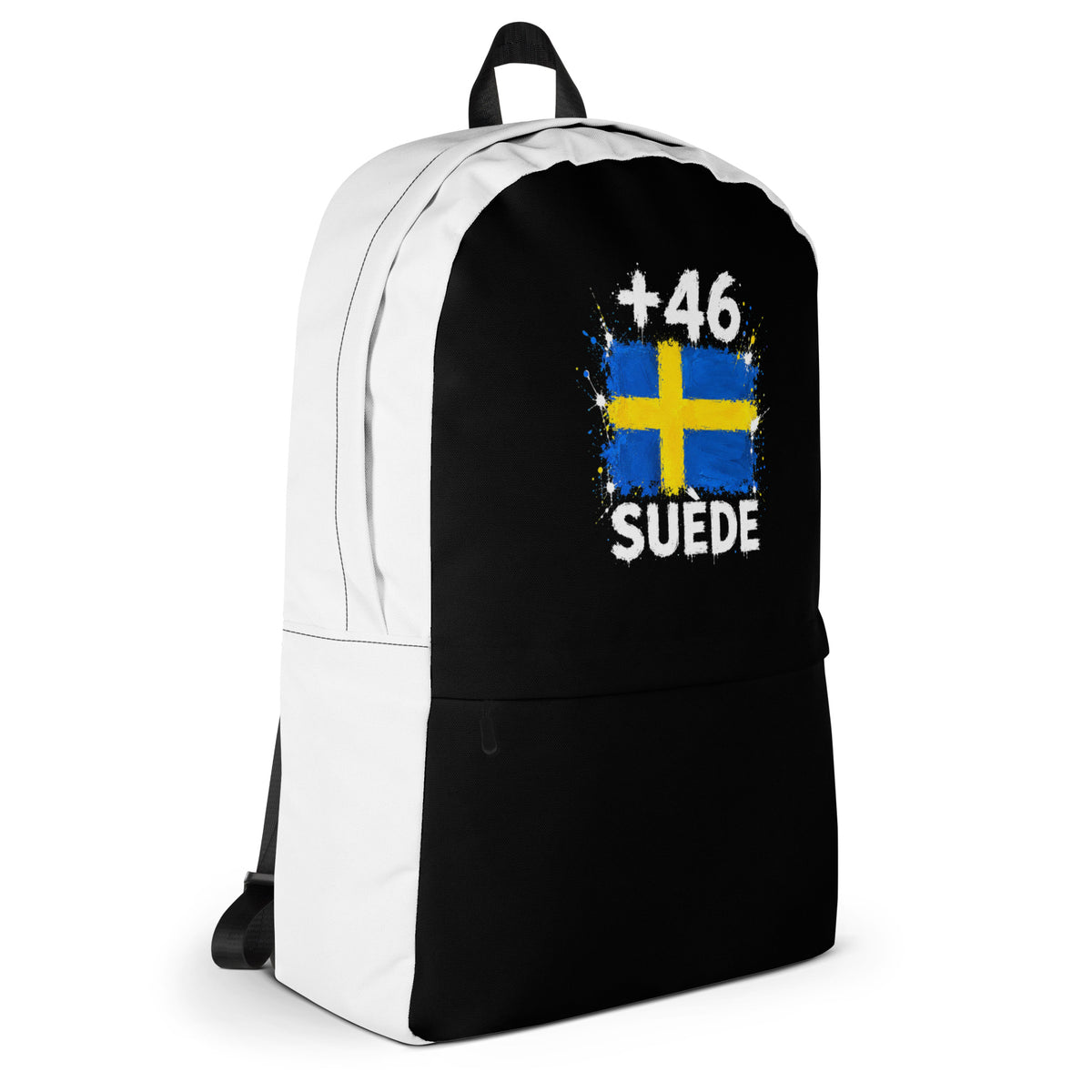 Sac à Dos Suède +46 - Bicolore avec drapeau floqué effet éclaboussure de peinture - vue de profil droit - Indicatif Fier