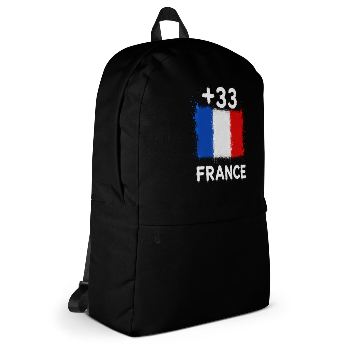 Sac à Dos France +33 - Noir avec drapeau floqué effet éclaboussure de peinture - vue de profil droit - Indicatif Fier