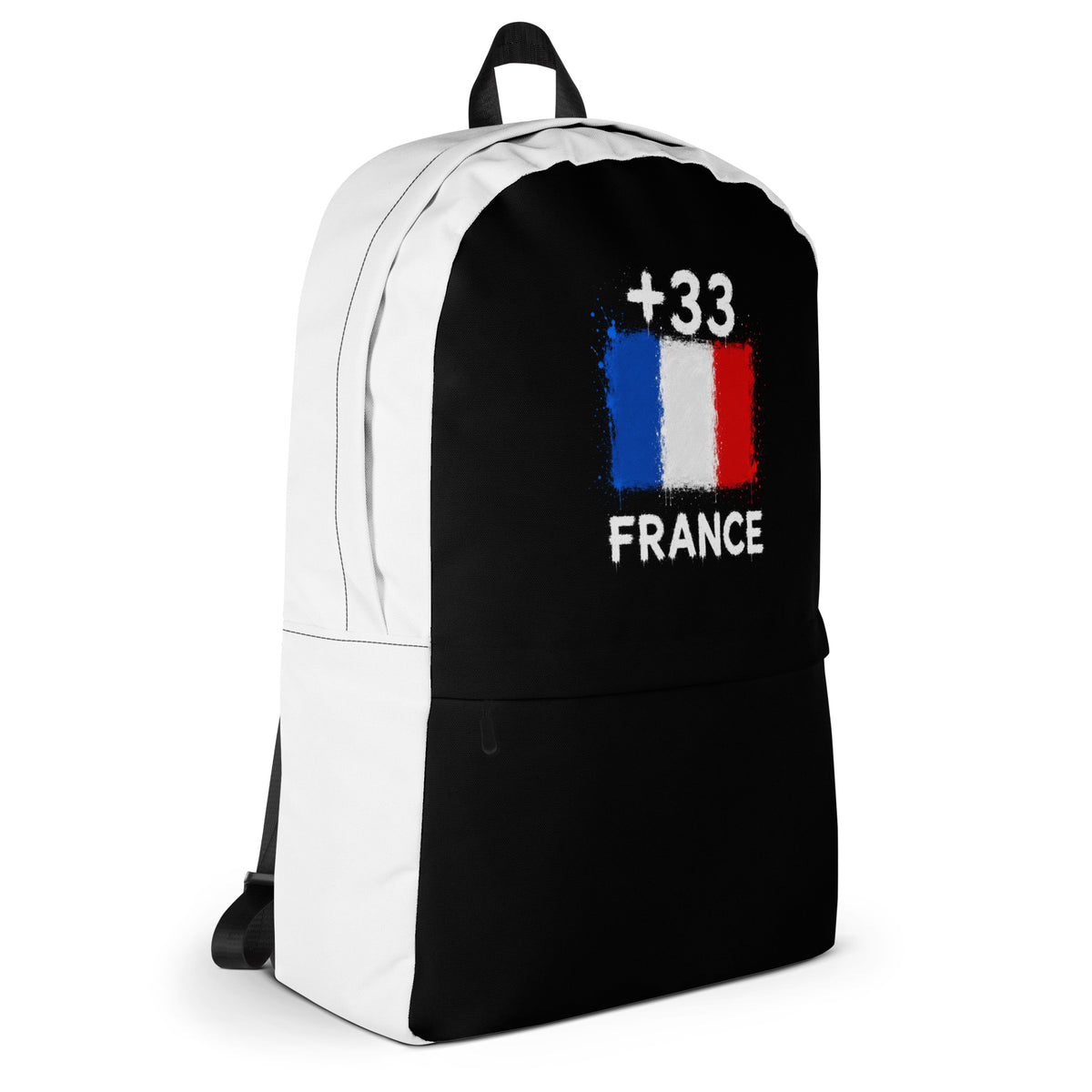 Sac à Dos France +33 - Bicolore avec drapeau floqué effet éclaboussure de peinture - vue de profil droit - Indicatif Fier