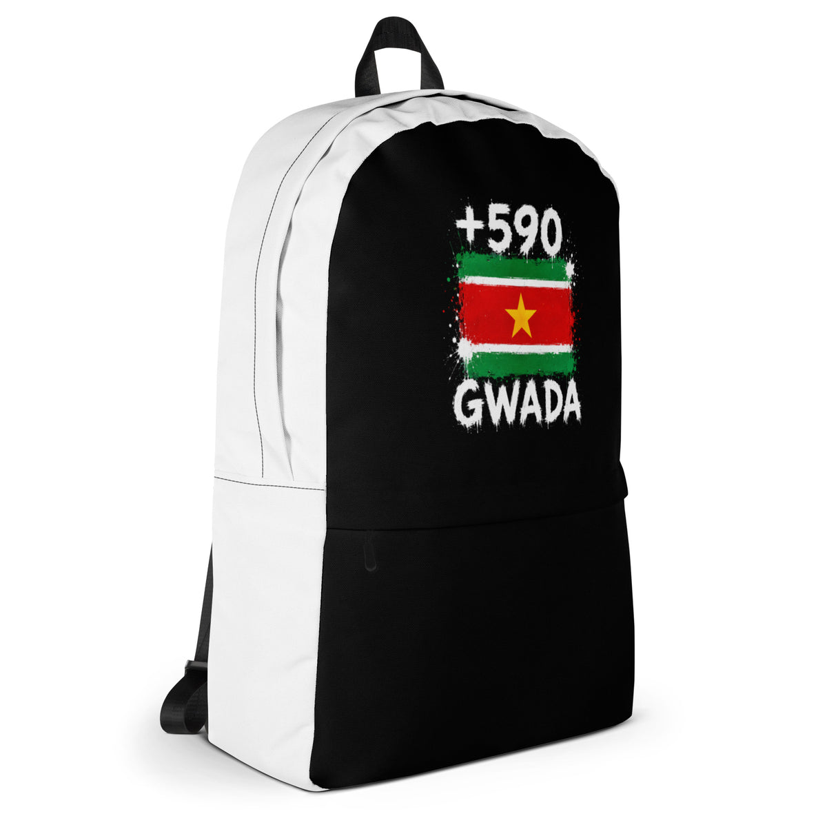Sac à Dos Guadeloupe +590 - Bicolore avec drapeau floqué effet éclaboussure de peinture - vue de profil droit - Indicatif Fier