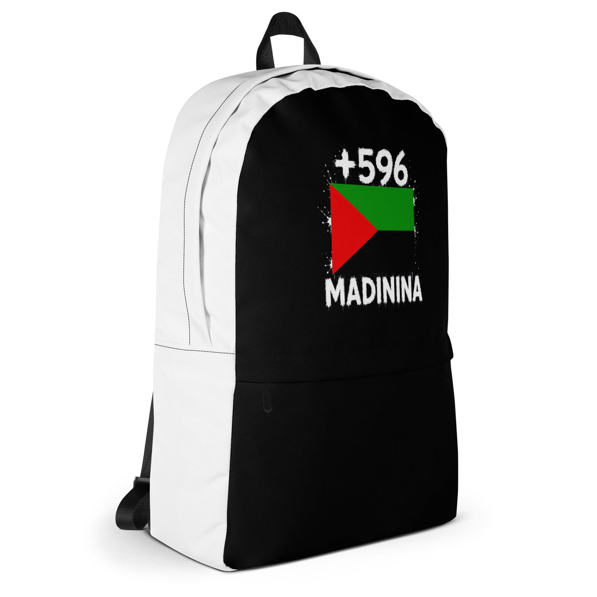 Sac à Dos Martinique +596 - Noir avec drapeau floqué effet éclaboussure de peinture - vue de profil droit - Indicatif Fier