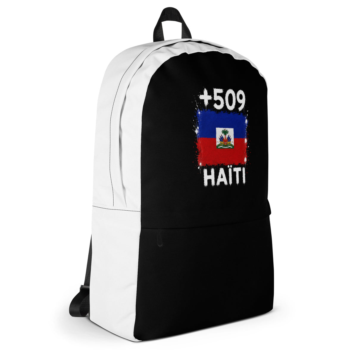 Sac à Dos Haïti +509 - Bicolore avec drapeau floqué effet éclaboussure de peinture - vue de profil droit - Indicatif Fier