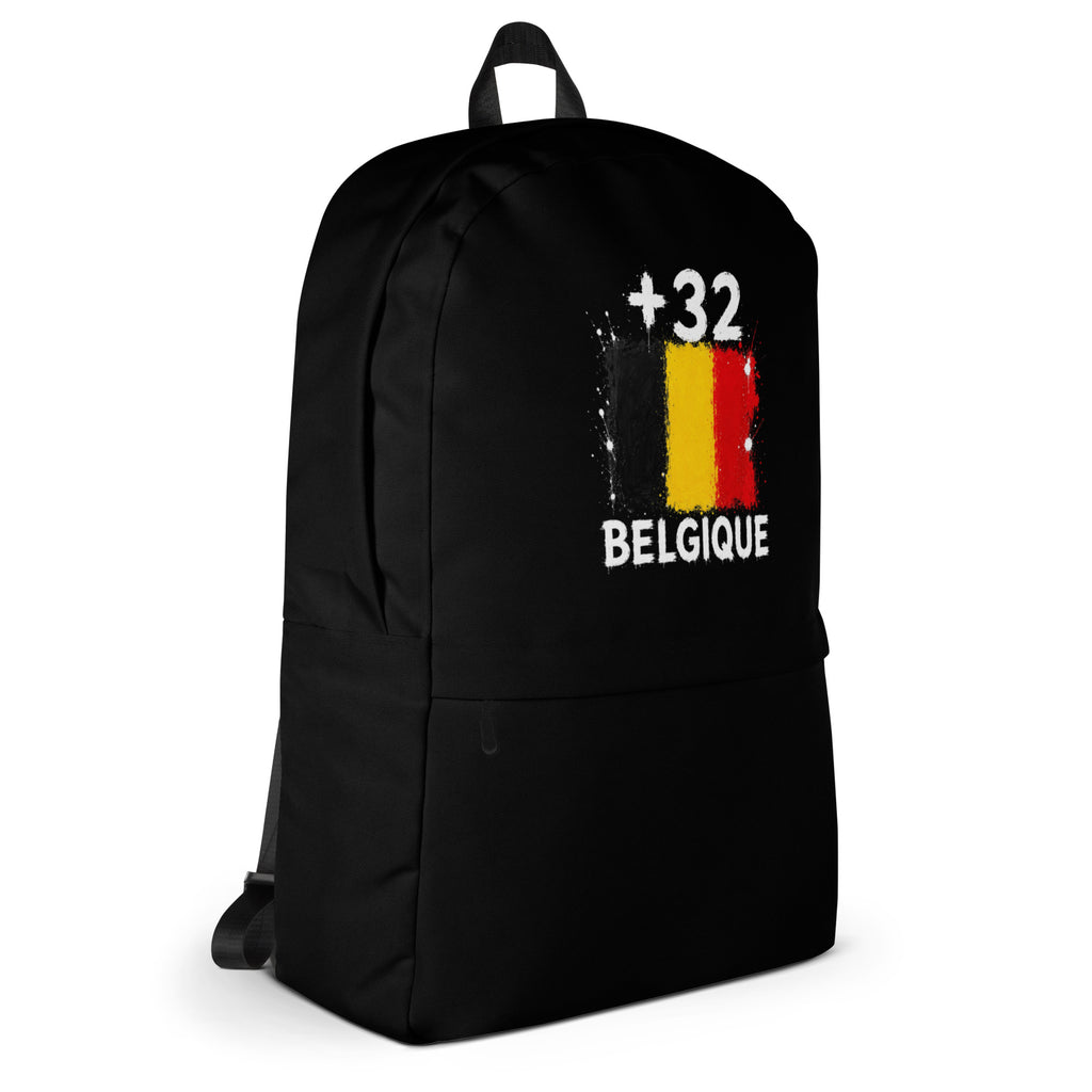 Sac à Dos Belgique +32 - Noir avec drapeau floqué effet éclaboussure de peinture - vue de profil droit - Indicatif Fier