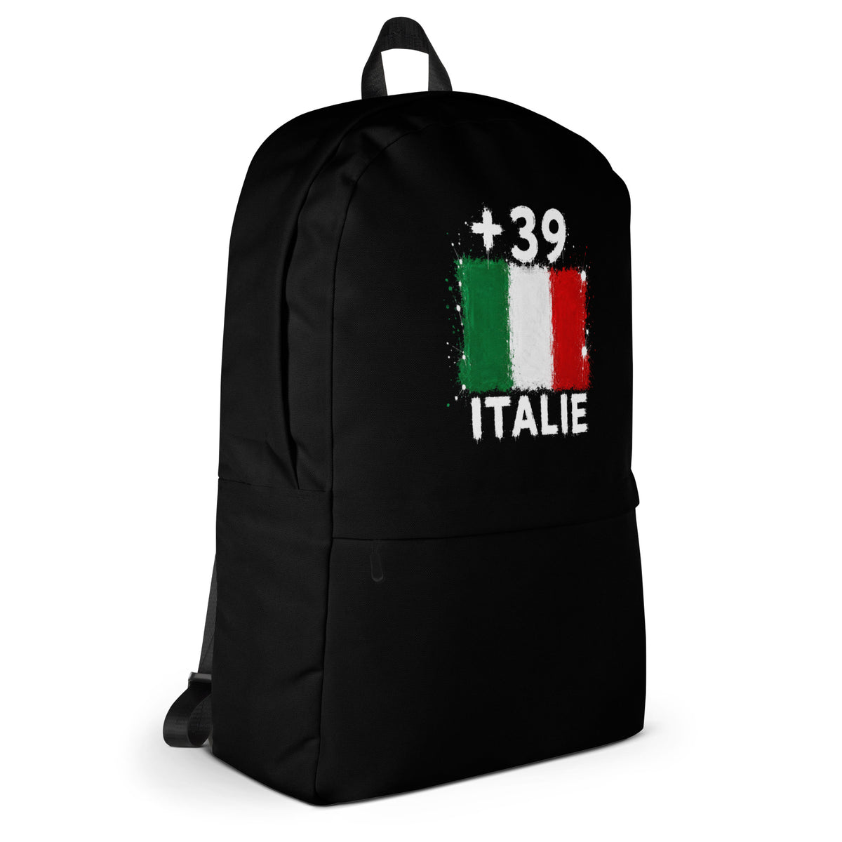 Sac à Dos Italie +39 - Noir avec drapeau floqué effet éclaboussure de peinture - vue de profil droit - Indicatif Fier
