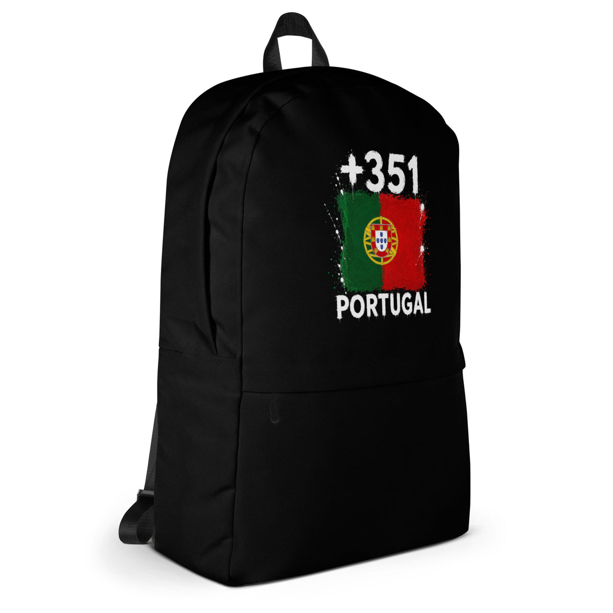Sac à Dos Portugal +351 - Noir avec drapeau floqué effet éclaboussure de peinture - vue de profil droit - Indicatif Fier