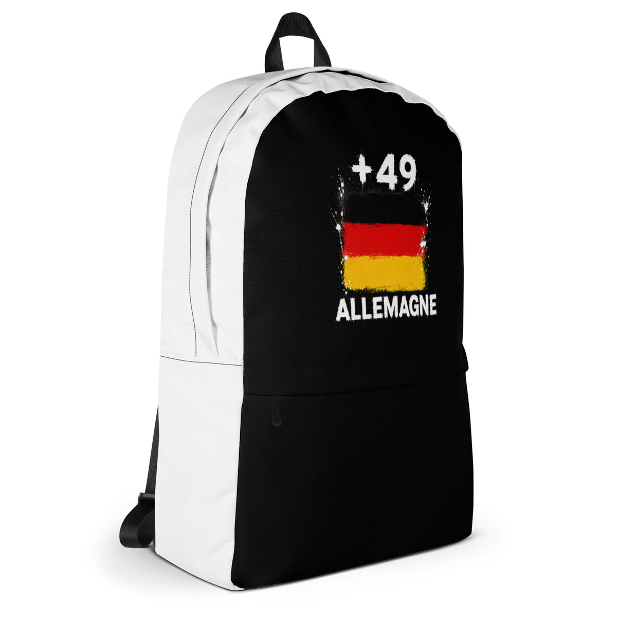 Sac à Dos Allemagne +49 - Bicolore avec drapeau floqué effet éclaboussure de peinture - vue de profil droit - Indicatif Fier