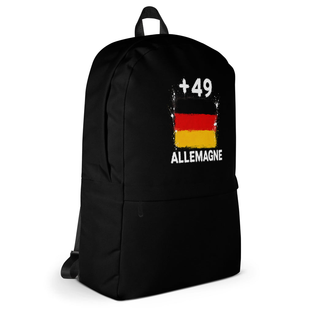 Sac à Dos Allemagne +49 - Noir avec drapeau floqué effet éclaboussure de peinture - vue de profil droit - Indicatif Fier