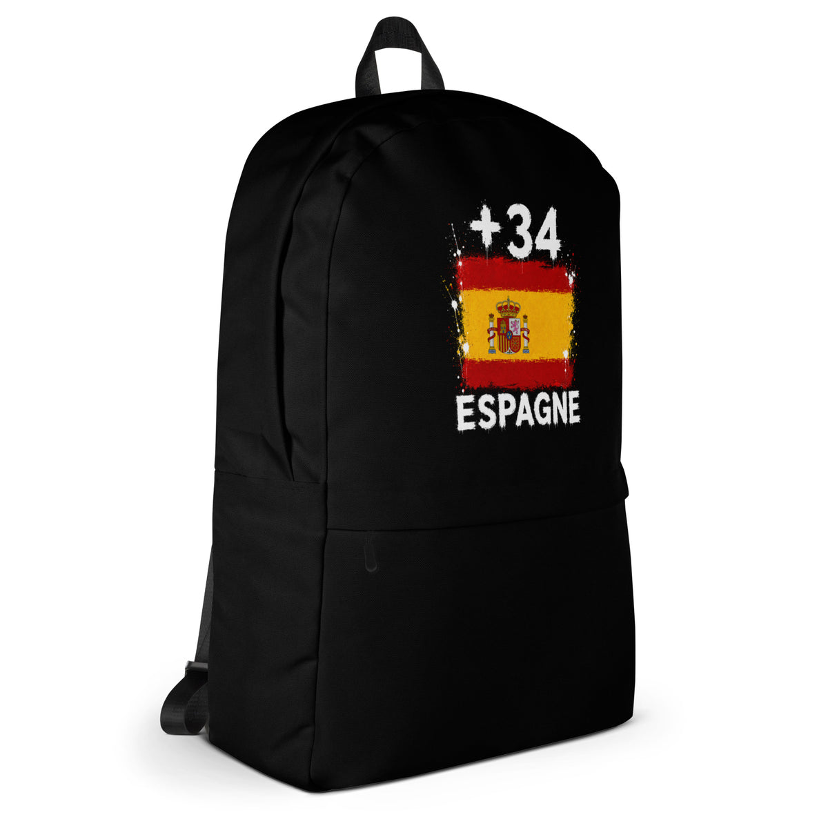 Sac à Dos Espagne +34 - Noir avec drapeau floqué effet éclaboussure de peinture - vue de profil droit - Indicatif Fier