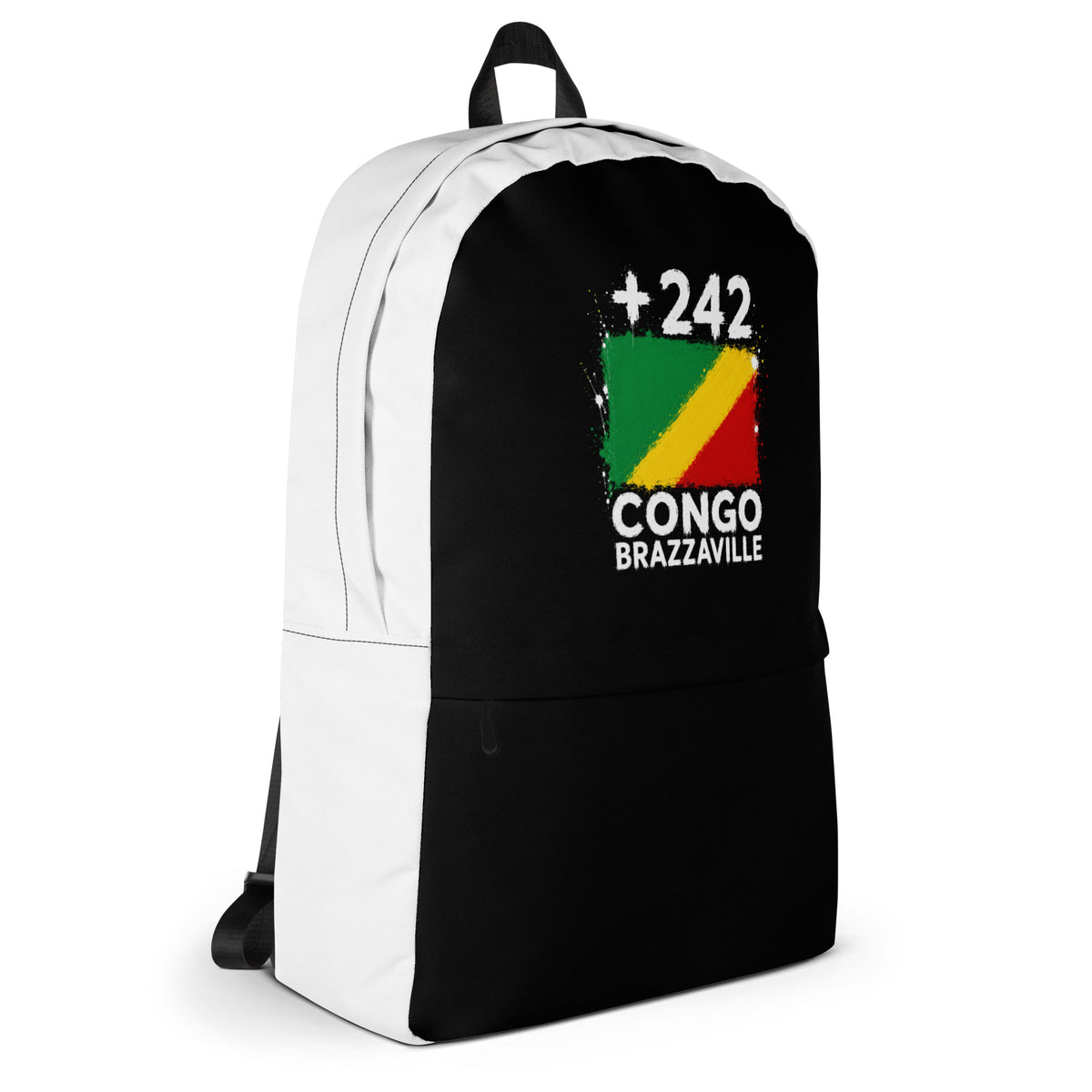 Sac à Dos Congo Brazzaville +242 - Bicolore avec drapeau floqué effet éclaboussure de peinture - vue de profil droit - Indicatif Fier