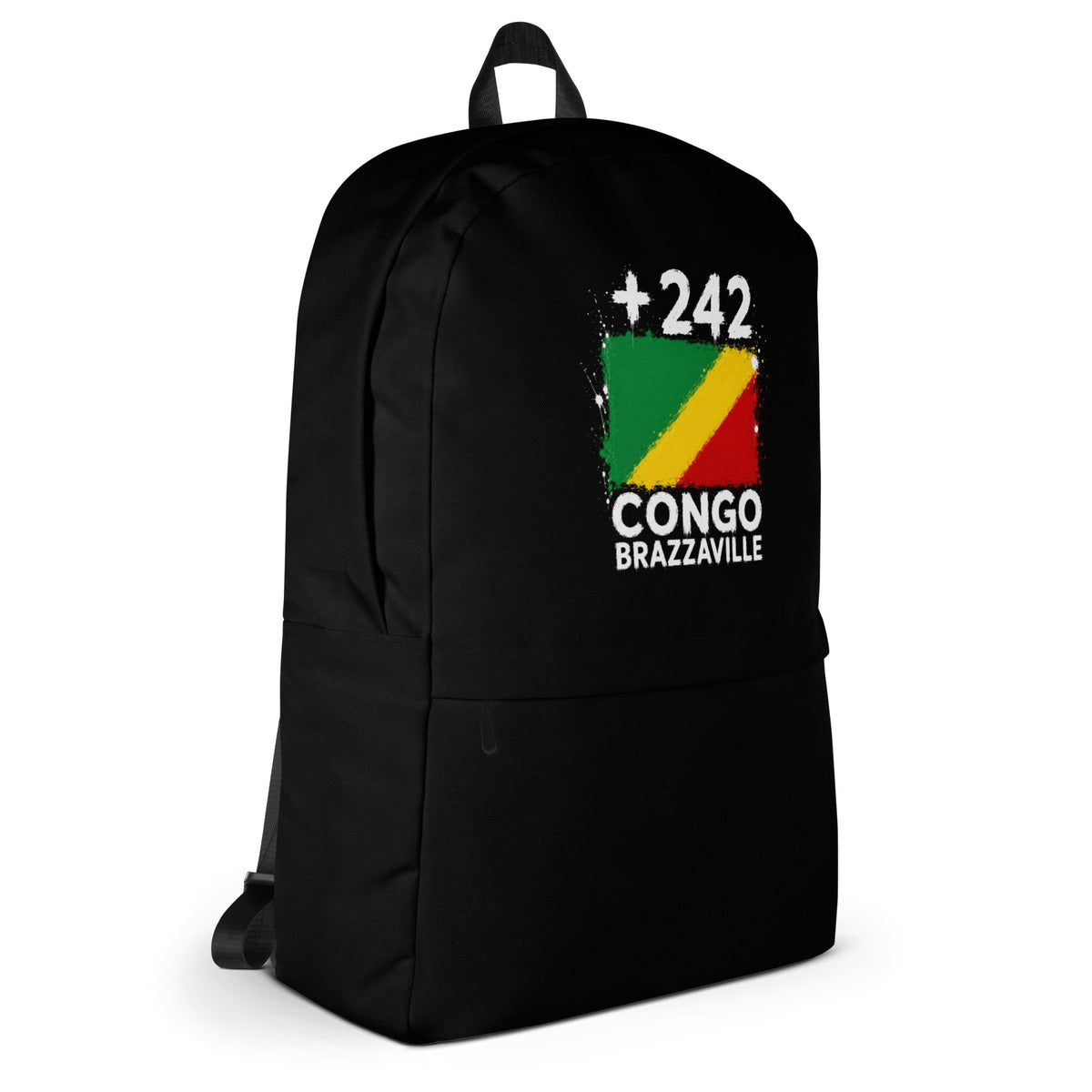 Sac à Dos Congo Brazzaville +242 - Noir avec drapeau floqué effet éclaboussure de peinture - vue de profil droit - Indicatif Fier